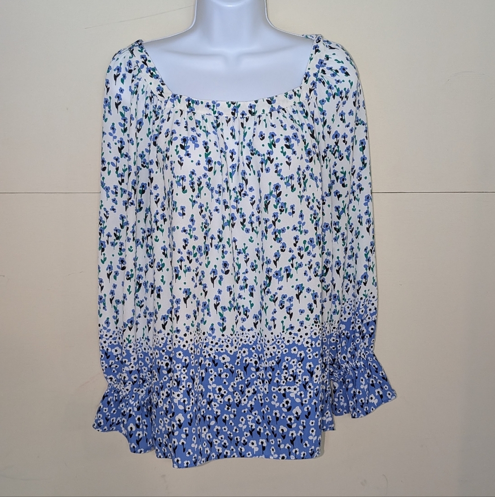 Talbot's Floral Blue and White Blouse Long Sleeves